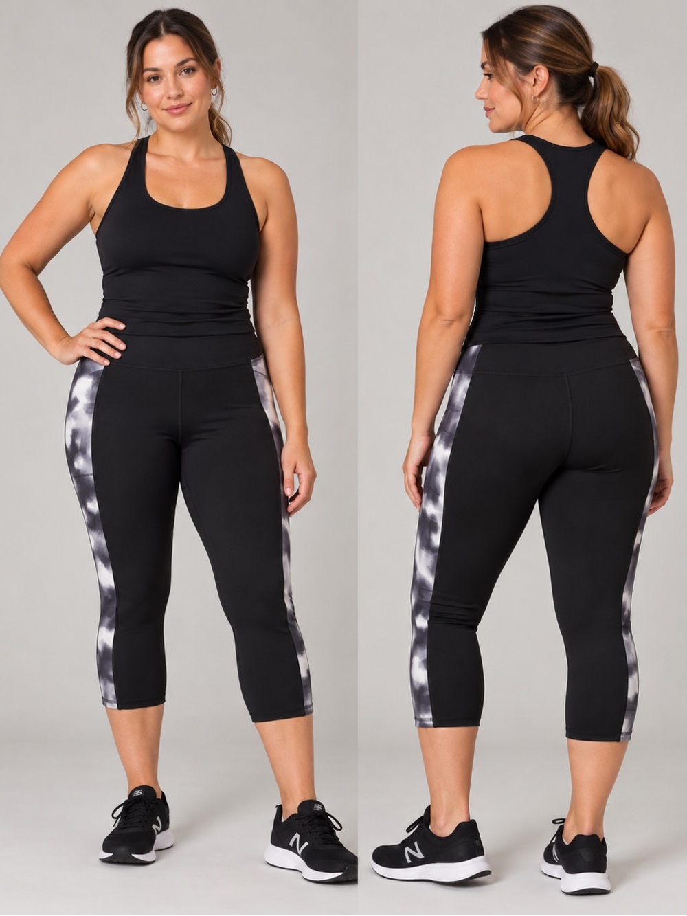DSG Black Capri Performance Leggings with Gray Tie-Dye Side Panels